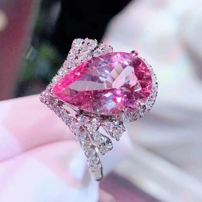 Explosion Luxury Crown High Carbon Diamond Drop-shaped Simulation Pink Tourmaline Color Treasure Open Ring Engagement Diamond Ring