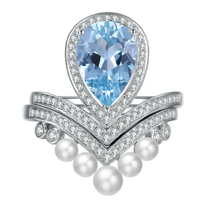 Tik Tok Live Stream Popular Imitation Natural Aquamarine Crown Diamond Ring Advanced Design Pearl Colored Gems Stacked Ring Female