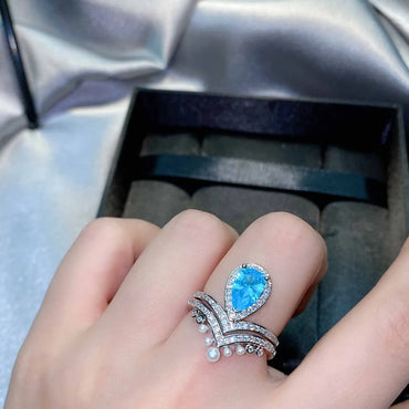 Tik Tok Live Stream Popular Imitation Natural Aquamarine Crown Diamond Ring Advanced Design Pearl Colored Gems Stacked Ring Female