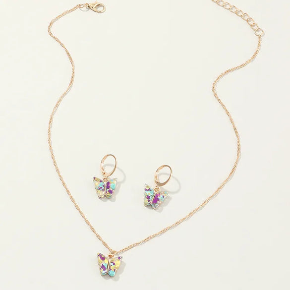 Explosive Accessories Multicolor Butterfly Necklace Earring Set Temperament Small Butterfly Jewelry Wholesale Nihaojewelry