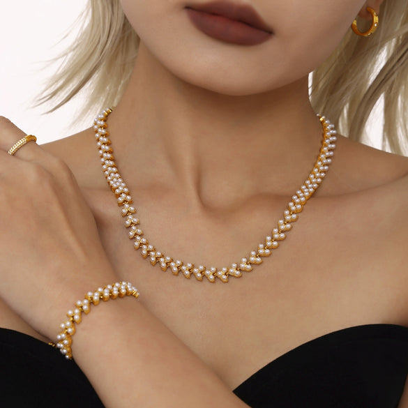 Exquisite Bead Clavicle Necklace And Bracelet Set For Women Stainless Steel With Pvd Electroplated 18K Real Gold Light Luxury Style
