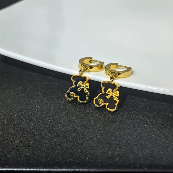 Exquisite Bear Pendant Stainless Steel Earrings For Female With Geometric Design