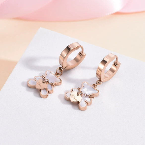 Exquisite Bear Pendant Stainless Steel Earrings For Female With Geometric Design