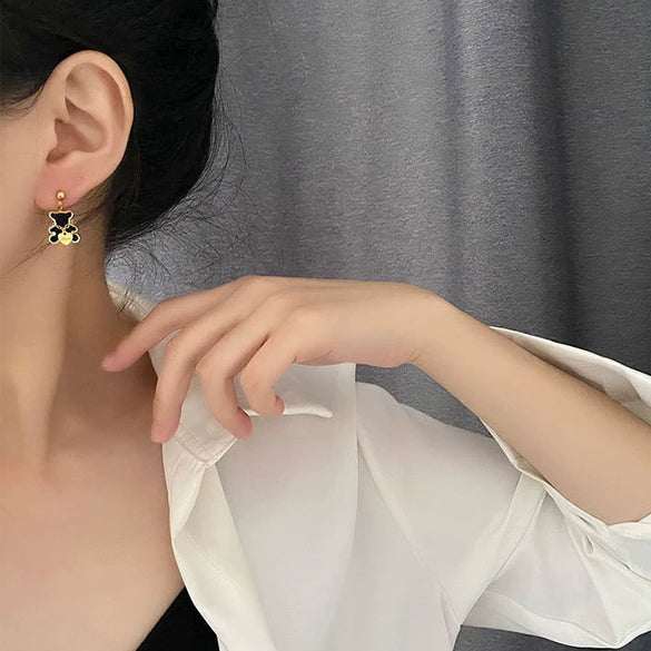 Exquisite Bear Pendant Stainless Steel Earrings For Female With Geometric Design