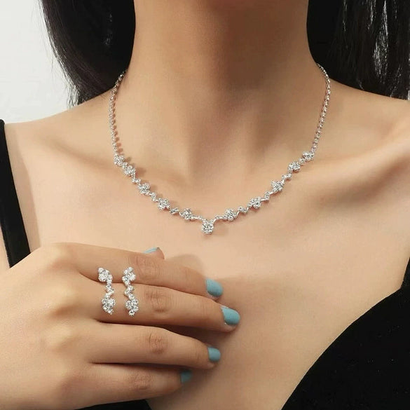 Exquisite Claw Chain Necklace Earrings Bracelet Set For Women Rhinestone Full Diamond Simple Geometric Threepiece Set Dinner Dress Accessories