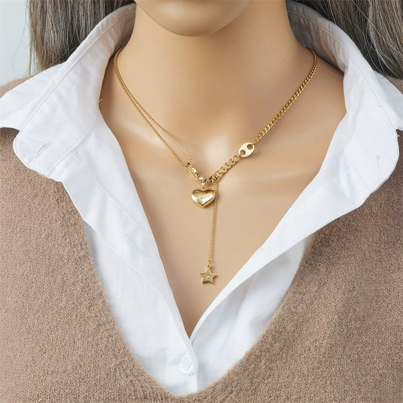 Exquisite Elegant All Match Star Tassel 3D Peach Heart Clavicle Chain Necklace In Cold Style Made Of Titanium Steel With Electroplating Treatment