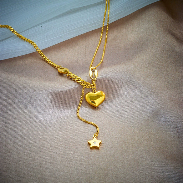 Exquisite Elegant All Match Star Tassel 3D Peach Heart Clavicle Chain Necklace In Cold Style Made Of Titanium Steel With Electroplating Treatment