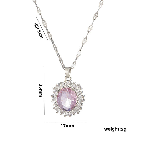 Exquisite Oval Crystal Zircon Women's Necklace With Titanium Steel Pendant And Water Wave Chain Micro Inlay Diamond Treatment Geometric Design