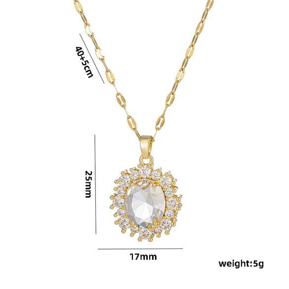 Exquisite Oval Crystal Zircon Women's Necklace With Titanium Steel Pendant And Water Wave Chain Micro Inlay Diamond Treatment Geometric Design