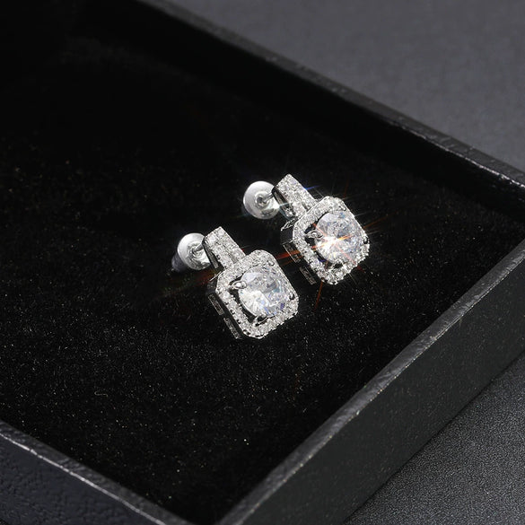 Exquisite Square Platinum Plated Copper Ladies Earrings With Full Diamond Inlaid Zircon For Wholesale