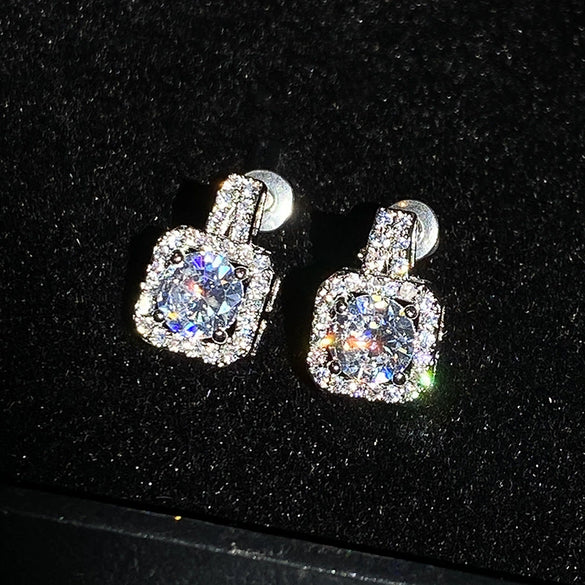 Exquisite Square Platinum Plated Copper Ladies Earrings With Full Diamond Inlaid Zircon For Wholesale