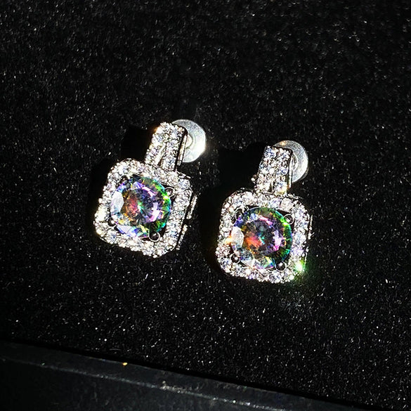 Exquisite Square Platinum Plated Copper Ladies Earrings With Full Diamond Inlaid Zircon For Wholesale