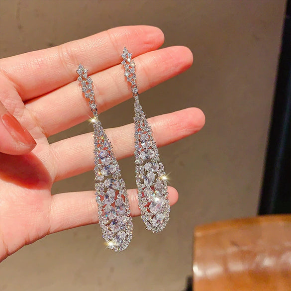 Exquisite Super Flash Inlaid Rhinestone Drop Shaped Hollow Electroplated Earrings For Women