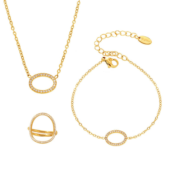 Exquisite Zircon Titanium Steel Ring Bracelet Necklace Set 18K Gold Plated Little Fragrance Style Electroplated
