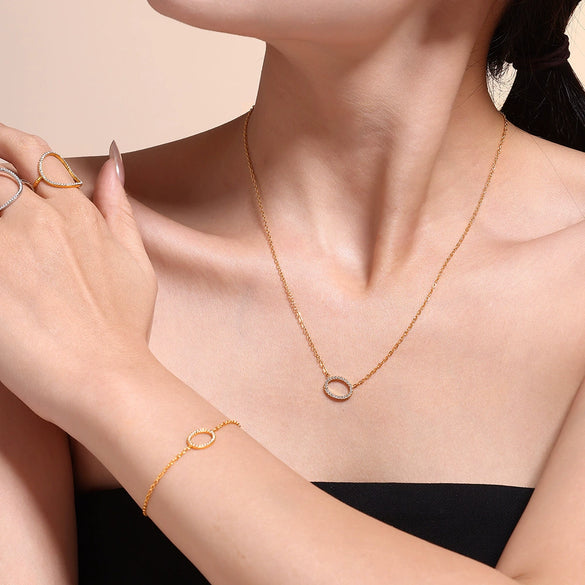 Exquisite Zircon Titanium Steel Ring Bracelet Necklace Set 18K Gold Plated Little Fragrance Style Electroplated
