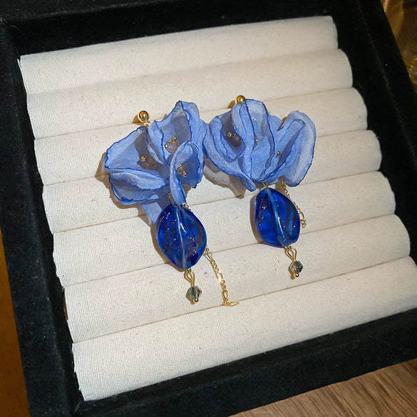 Fabric Chiffon Flower Tassel Handmade Women's Earrings