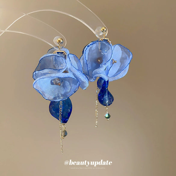 Fabric Chiffon Flower Tassel Handmade Women's Earrings