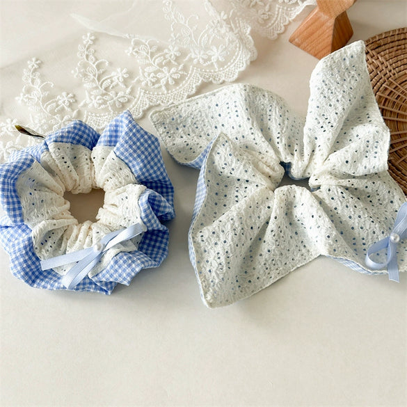 Fabric Doublesided Breathable Blue Spotted Square Handmade Women's High Elasticity Hair Ring