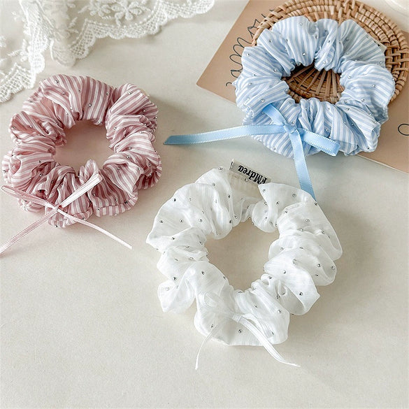 Fabric Handmade Rhinestone Striped Hair Ring Bow Pony Tail Hair Rope For Girls