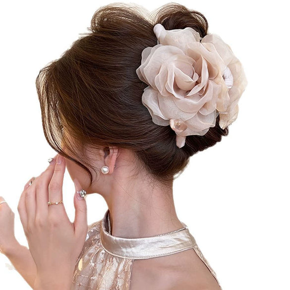 Fabric Mesh Rose Imitation Pearl Handmade Hair Clip For Women High Grade Sense Back Of The Head Shark Clip All Match Grab Hair Accessories