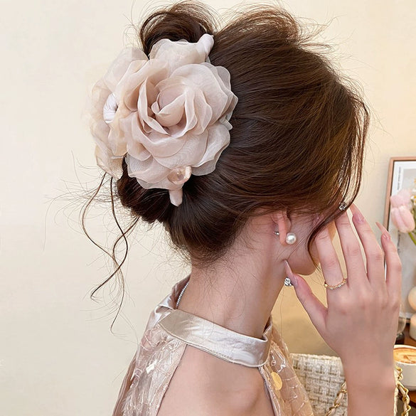 Fabric Mesh Rose Imitation Pearl Handmade Hair Clip For Women High Grade Sense Back Of The Head Shark Clip All Match Grab Hair Accessories