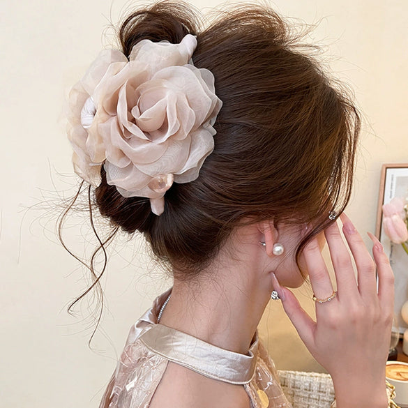 Fabric Mesh Rose Imitation Pearl Handmade Hair Clip For Women High Grade Sense Back Of The Head Shark Clip All Match Grab Hair Accessories