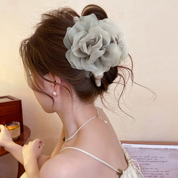 Fabric Mesh Rose Imitation Pearl Handmade Hair Clip For Women High Grade Sense Back Of The Head Shark Clip All Match Grab Hair Accessories