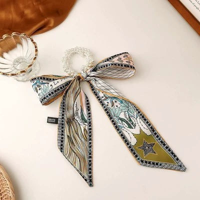 Fabric Pearl Hair Band Ribbon Silk Scarf Style Ponytail Hair Tie Knitted High Elasticity Hair Accessory For Women