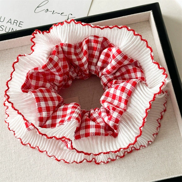 Fabric Red Plaid Intestine Hair Band For Women High Elasticity Seiko Design