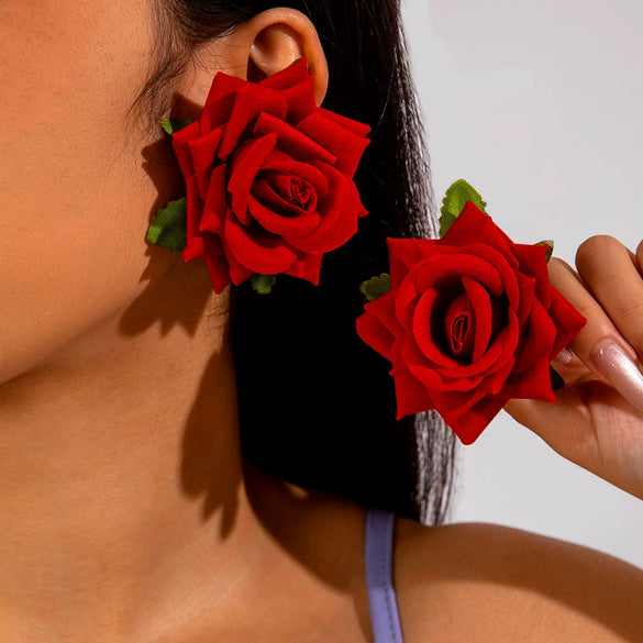 Fabric Sunflower Rose Flower Earrings For Women