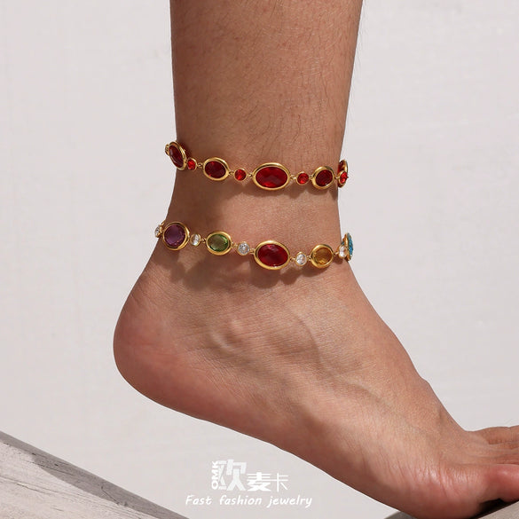 Faceted Czech Glass Anklet Stainless Steel 18K Gold Plated Geometric Women's Foot Jewelry