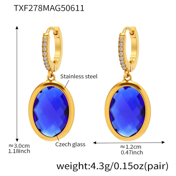 Faceted Oval Czech Glass Geometric Stainless Steel Electroplated Earrings For Women