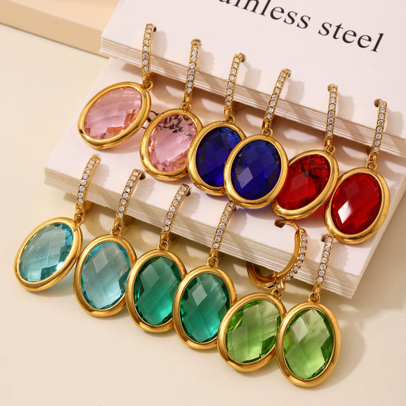 Faceted Oval Czech Glass Geometric Stainless Steel Electroplated Earrings For Women