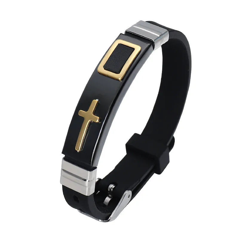 Factory Direct  Titanium Steel Jewelry Adjustable Silicone Bracelet Gold Cross Personality Men'S Bracelet Wholesale