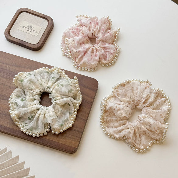 Fairy Lace Pearl Scrunchie For Women Floral Geometric Cloth Hair Tie Inlaid With Pearls