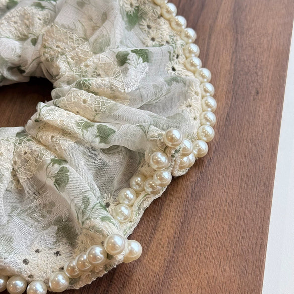 Fairy Lace Pearl Scrunchie For Women Floral Geometric Cloth Hair Tie Inlaid With Pearls