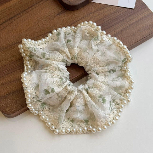 Fairy Lace Pearl Scrunchie For Women Floral Geometric Cloth Hair Tie Inlaid With Pearls