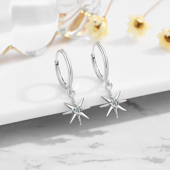 Fairy Style Geometric Star Zircon Long Drop Earrings In Sterling Silver For Women