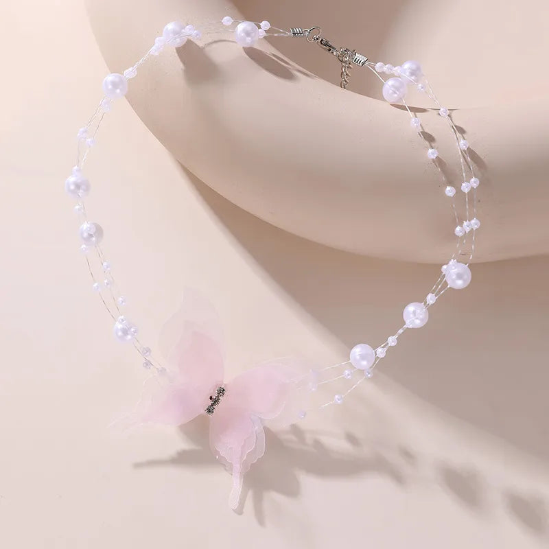 Fairy Style Sweet Classic Style Butterfly Artificial Pearl Plastic Polyester Wholesale Pendant Necklace