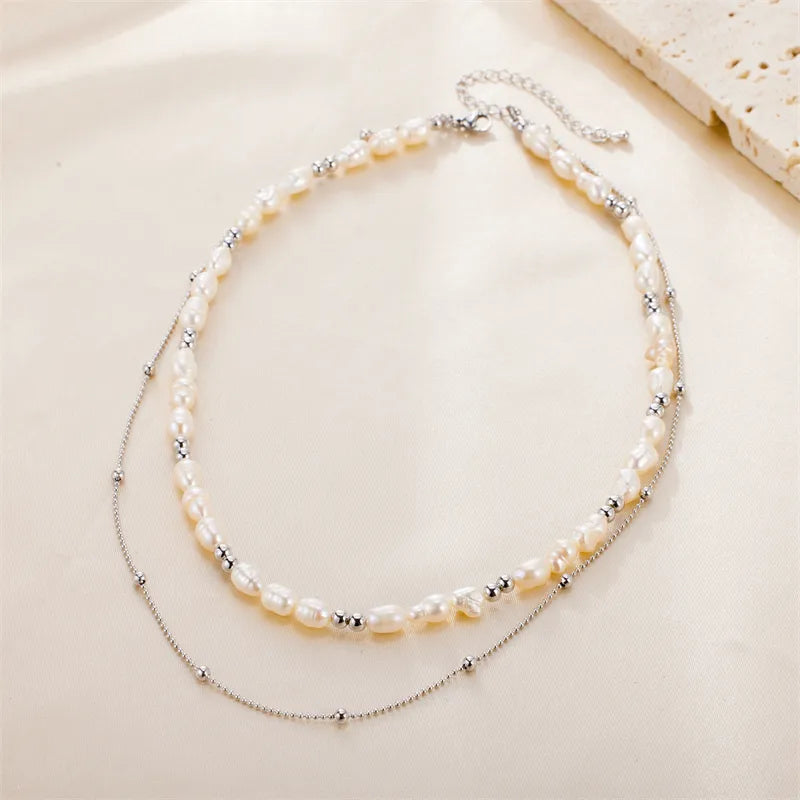 Wholesale Jewelry Fairy Style Sweet Solid Color Stainless Steel Pearl Handmade Plating Double Layer Necklaces