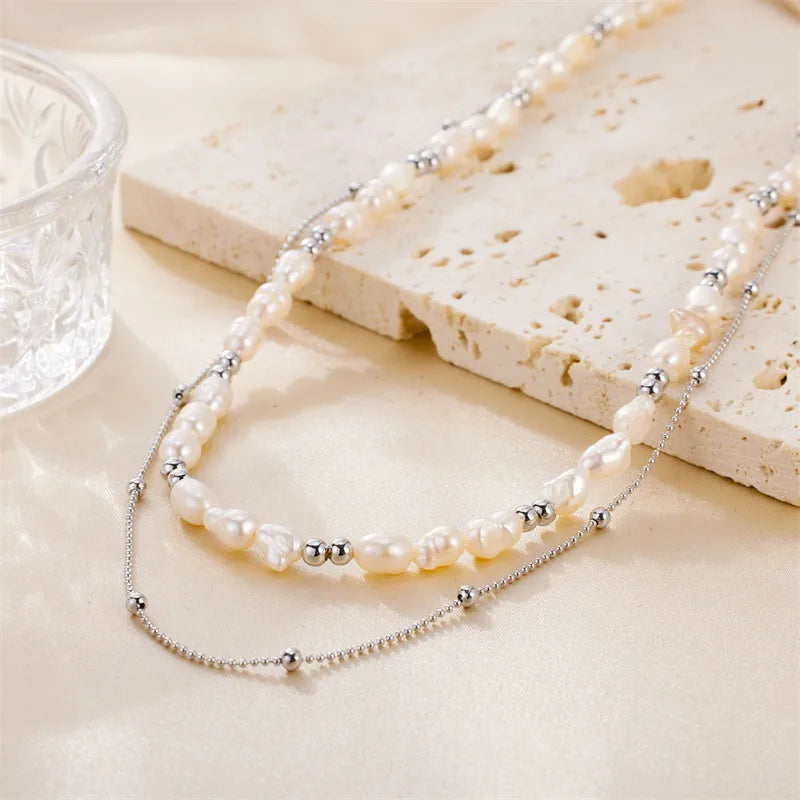 Wholesale Jewelry Fairy Style Sweet Solid Color Stainless Steel Pearl Handmade Plating Double Layer Necklaces