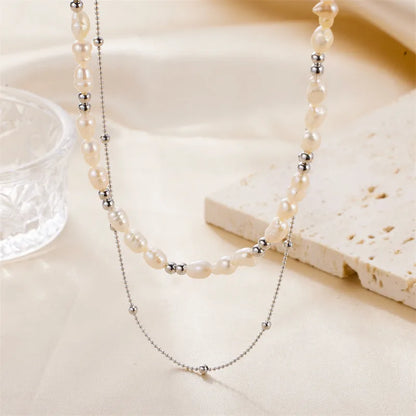 Wholesale Jewelry Fairy Style Sweet Solid Color Stainless Steel Pearl Handmade Plating Double Layer Necklaces