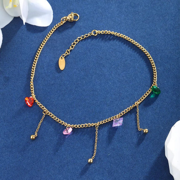 Wholesale Jewelry Fairy Style Vacation Modern Style Geometric Tassel 304 Stainless Steel Artificial Gemstones 18K Gold Plated Inlay Anklet
