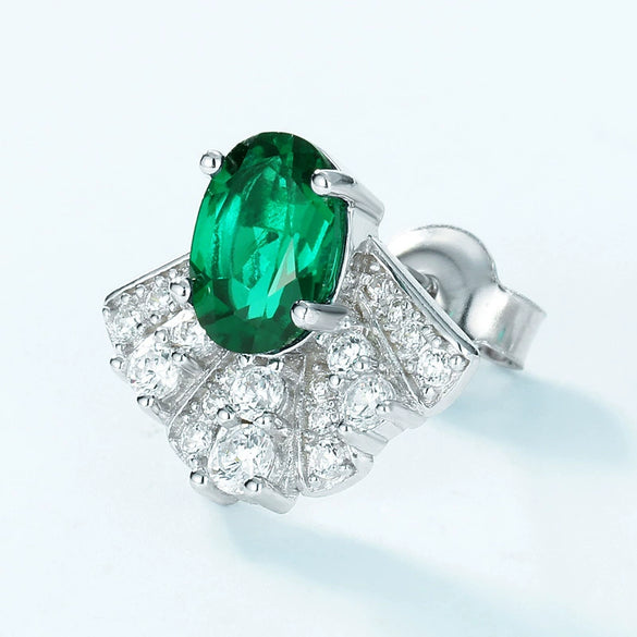 Fanshaped Cultivation Emerald Earrings 925 Silver Retro Geometric Diamond Style