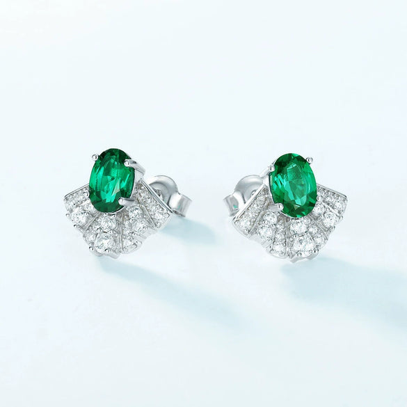 Fanshaped Cultivation Emerald Earrings 925 Silver Retro Geometric Diamond Style