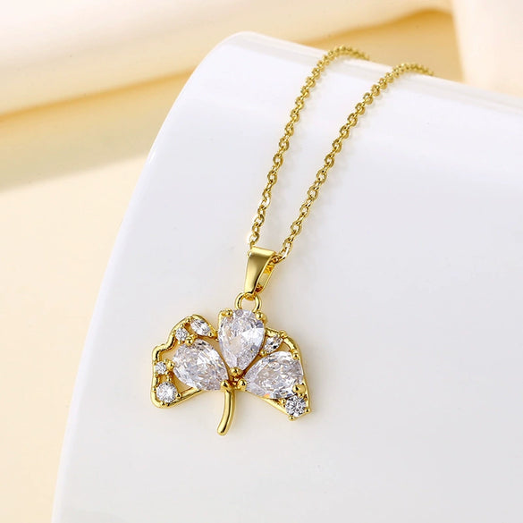 Fanshaped Ginkgo Leaf Stainless Steel Necklace With Mixed Gem Inlay And Electroplating For Women