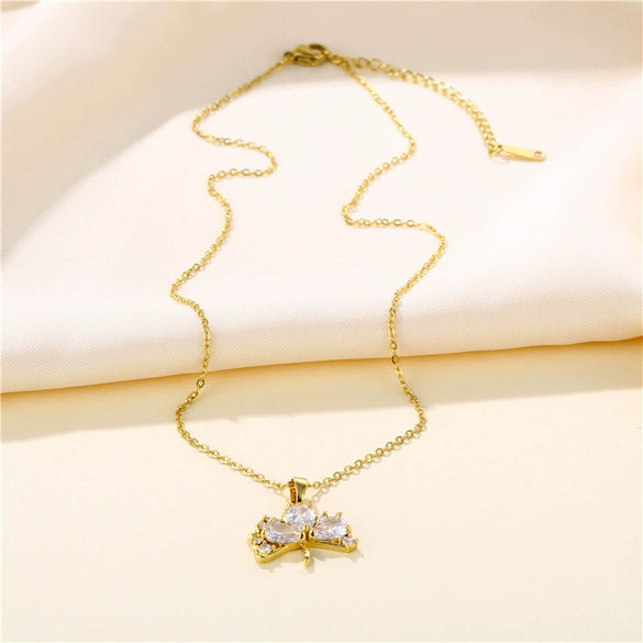 Fanshaped Ginkgo Leaf Stainless Steel Necklace With Mixed Gem Inlay And Electroplating For Women
