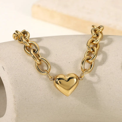 Fashion 14k Gold Thick O-shaped Chain Heart Stainless Steel Bracelet