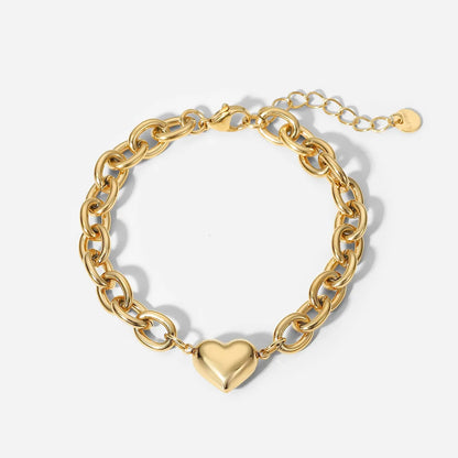 Fashion 14k Gold Thick O-shaped Chain Heart Stainless Steel Bracelet