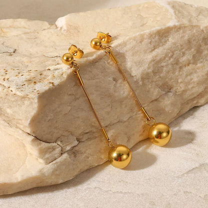 Fashion 18k Gold Long Small Golden Balls Stainless Steel Eardrops Earrings